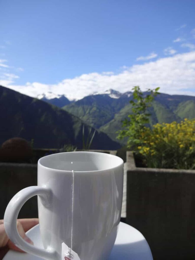 Cup of tea with Swiss Mountains in background