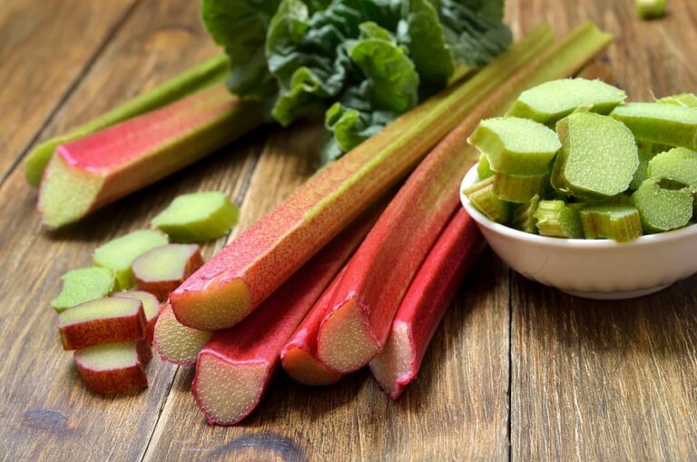 Rhubarb on wooden table.