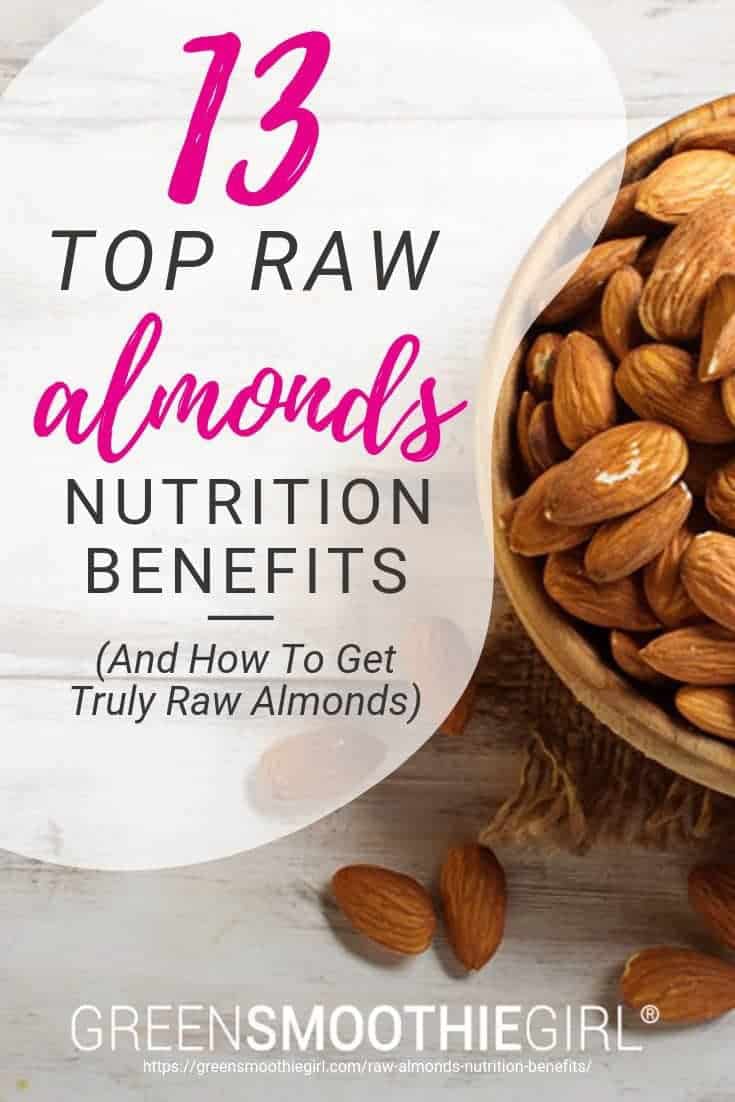 Photo of bowl of almonds on wooden table with post's text from "13 Top Raw Almonds Nutrition Benefits (And How To Get Truly Raw Almonds)" by Green Smoothie Girl