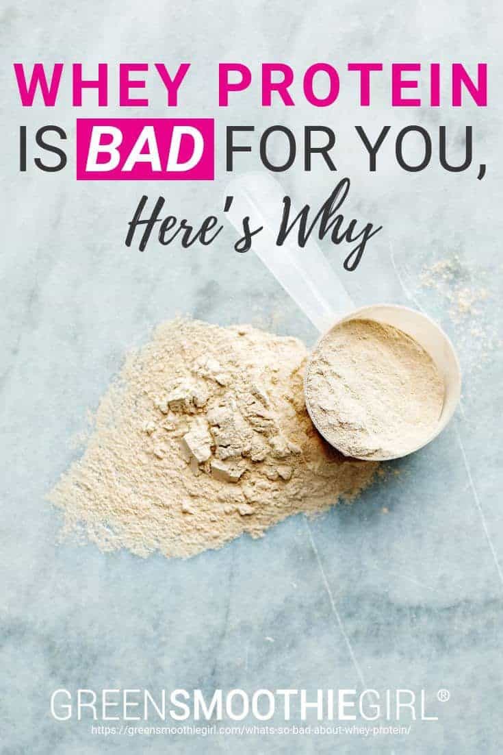 Photo of vanilla scoop of whey on marble background with text of post's title from "Whey Protein is Bad For You, Here's Why" by Green Smoothie Girl