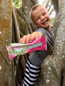 Photograph of a young boy playing in a tree and holding a Blendbar nutrition bar, from "Why Most Nutrition Bars are Garbage -- and What to Pack in Your Purse Instead" at Green Smoothie Girl