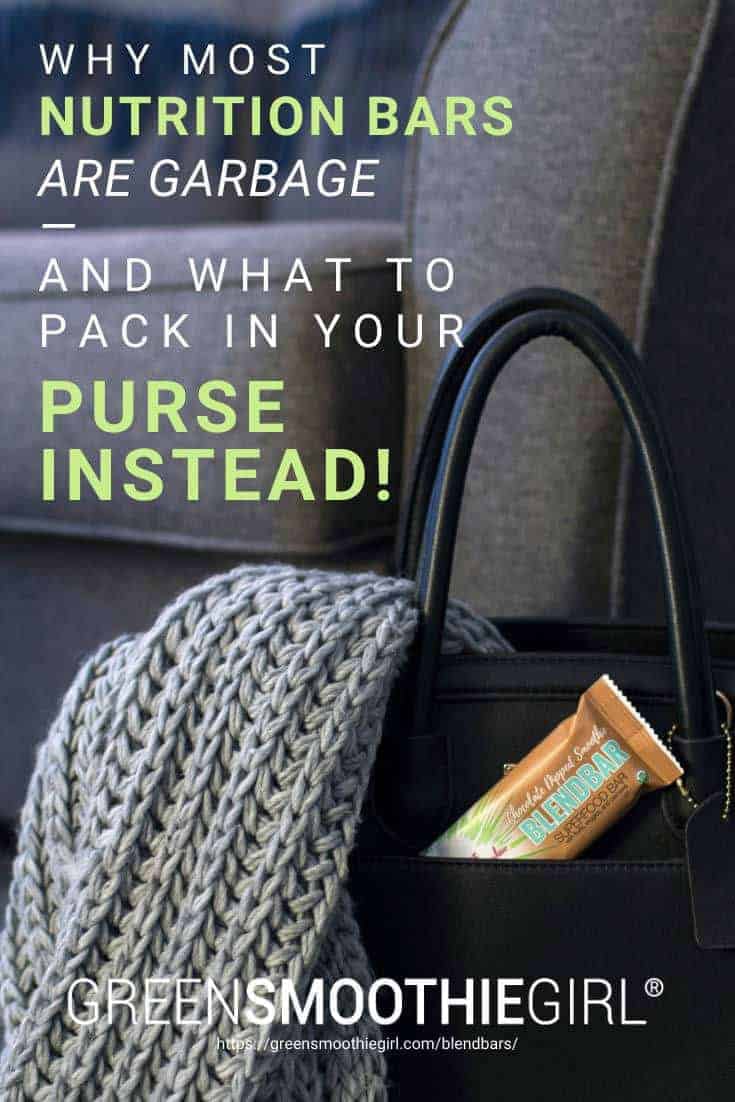 Photo of chocolate green smoothie girl blend bar in black purse pocket with post's title from "Why Most Nutrition Bars are Garbage -- and What to Pack in Your Purse Instead" at Green Smoothie Girl