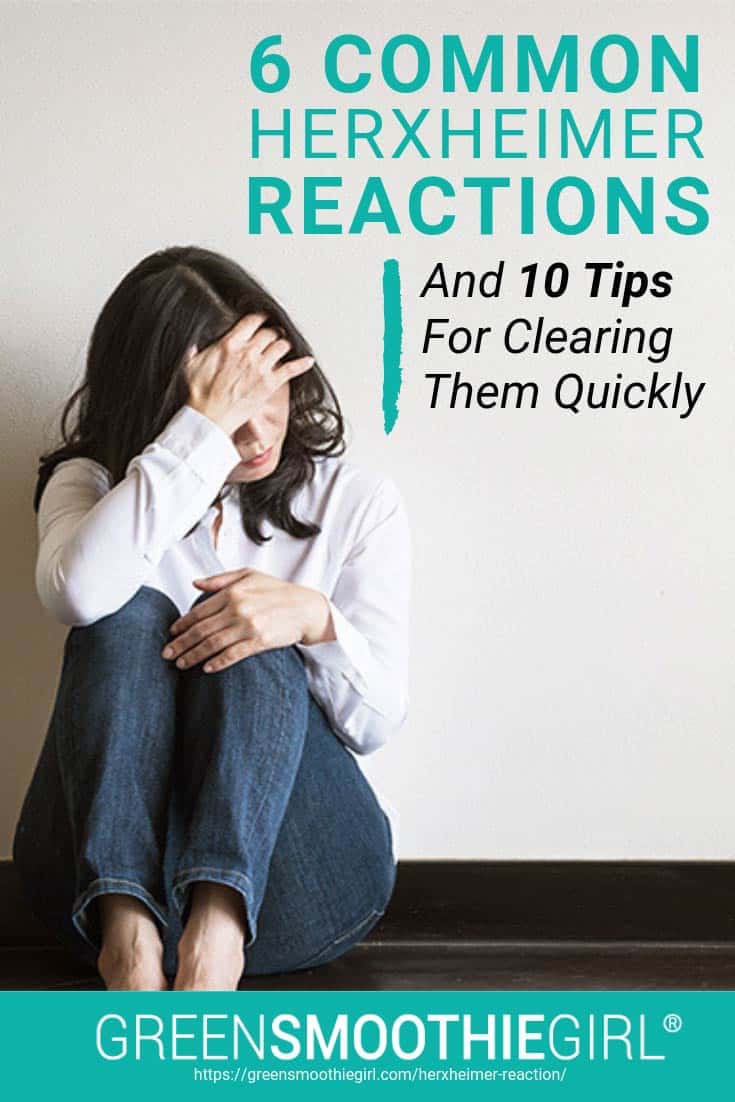 Photo of woman sitting down and holding head in pain from "6 Common Herxheimer Reactions And 10 Tips For Clearing Them Quickly" blog post by Green Smoothie Girl