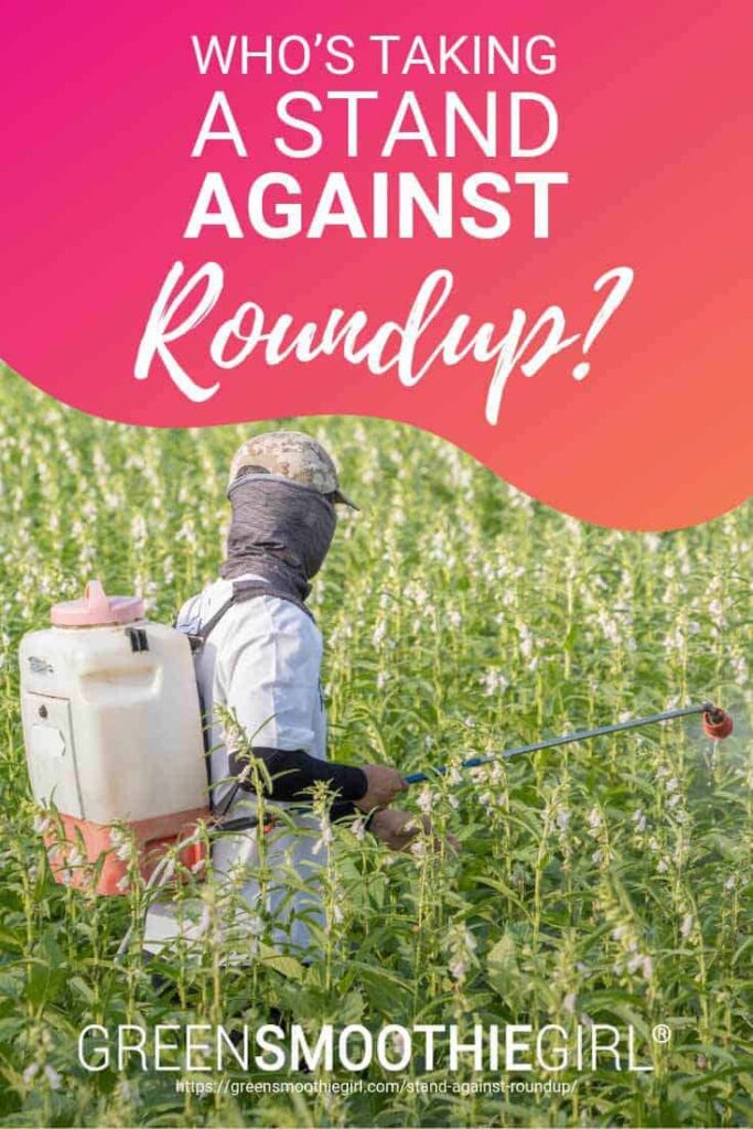 Pin picture of person in chemical protective suit spraying chemical Roundup on green field from "Who’s Taking a Stand Against Roundup? (and Other Glyphosate Herbicides)" by Green Smoothie Girl