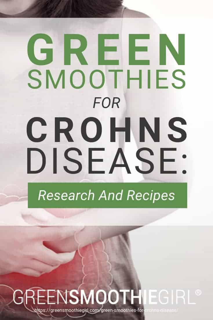 Image of woman clutching red pulsating stomach with post's text from "Green Smoothies For Crohn’s Disease: Research And Recipes" by Green Smoothie Girl