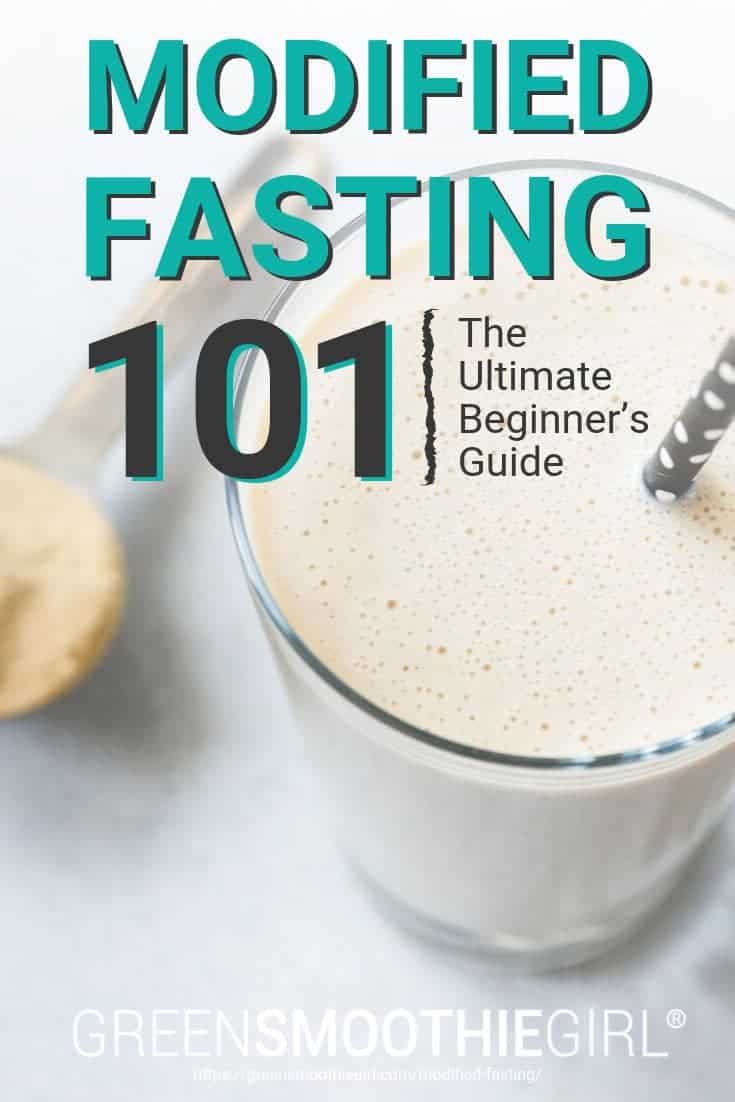 Photo of vanilla smoothie with straw and scoop of protein from "Modified Fasting 101: The Ultimate Beginner’s Guide" by Green Smoothie Girl