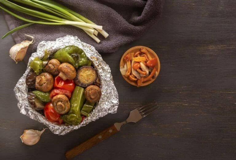 Photo of veggie dinner in aluminum foil bowl from "Is Cooking With Aluminum Foil Safe? Why Researchers Say No" by Green Smoothie Girl