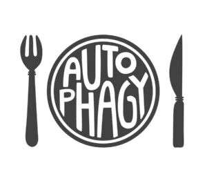 Flat vector illustration of a plate with Autophagy lettering on it with a fork and a knife from "Why I Developed The Flash Fast: Modified Fasting Made Easy And Fun" by Green Smoothie Girl