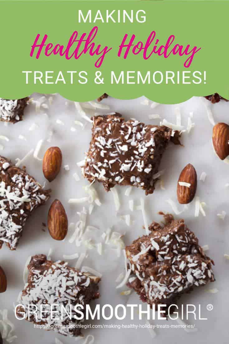 Photo of chocolate almond fudge with almonds and coconut scattered with post's title text from "Healthy Holiday Treats" by Green Smoothie Girl