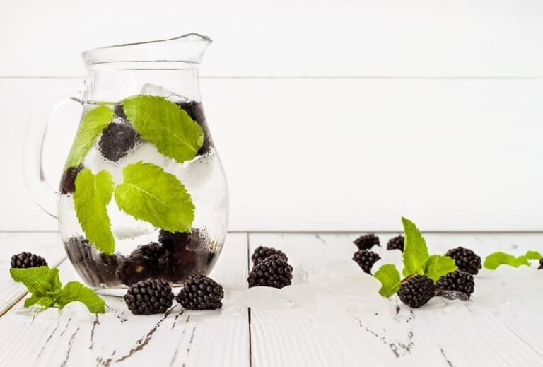 Photo of ice-cold jug with water, blackberries, and mint leaves inside from "What can I drink during a modified fast" by Green Smoothie Girl