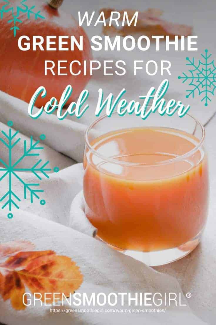 Photo of warm orange drinks in glasses on white tablecloth with post's text from "Warm Green Smoothies That Are Perfect For Cold Weather" by Green Smoothie Girl