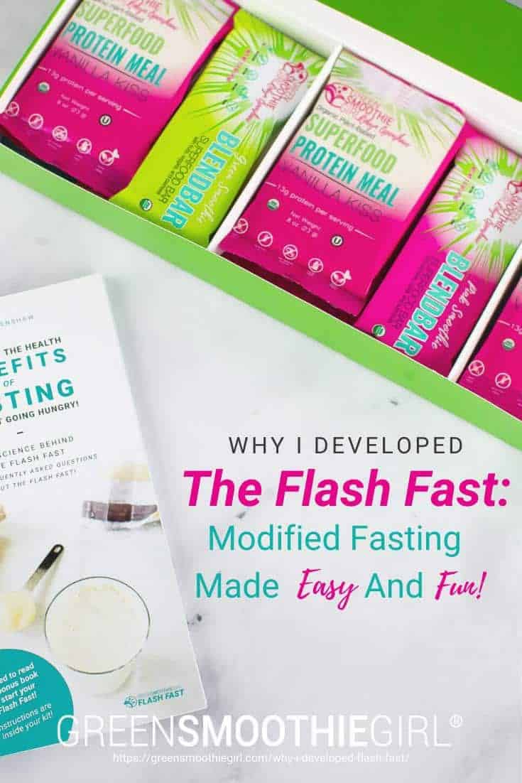 Photo of open Flash Fast kit box showing individual mini meals and fasting booklet with post's title text overlay from "Why I developed the Flash Fast" by Green Smoothie Girl