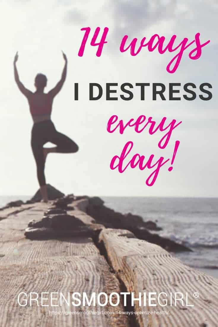 Photo of person doing yoga tree pose in background with post's title text overlay from "14 Ways I Optimize My Health And Energy Every Day" by Green Smoothie Girl