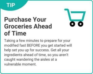 Graphic of tip "Purchase Your Groceries Ahead Of Time" from "3-Day Modified Fasting Eating Plan and Sample 3-Day Menu" by Green Smoothie Girl
