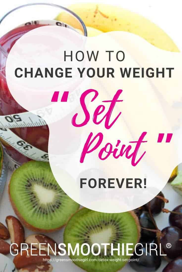 Photo of fruit surrounding pink smoothie with soft measuring tape entwined and post's title text overlaid from "{VIDEO} How to Change Your Weight "Set Point" Forever" by Green Smoothie Girl