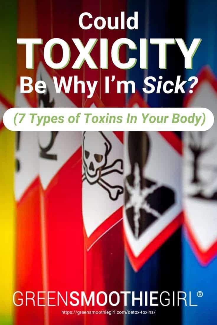 Photo of colorful tubes with toxic warning labels on them and post's text overlaid from "{VIDEO} Could Toxicity Be Why I'm Sick? (7 Types of Toxins In Your Body)" by Green Smoothie Girl