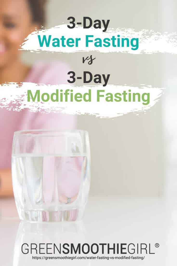 Photo of glass of clean water on table with African American woman smiling in background with post's text overlay from "3-Day Water Fasting vs. 3-Day Modified Fasting" by Green Smoothie Girl
