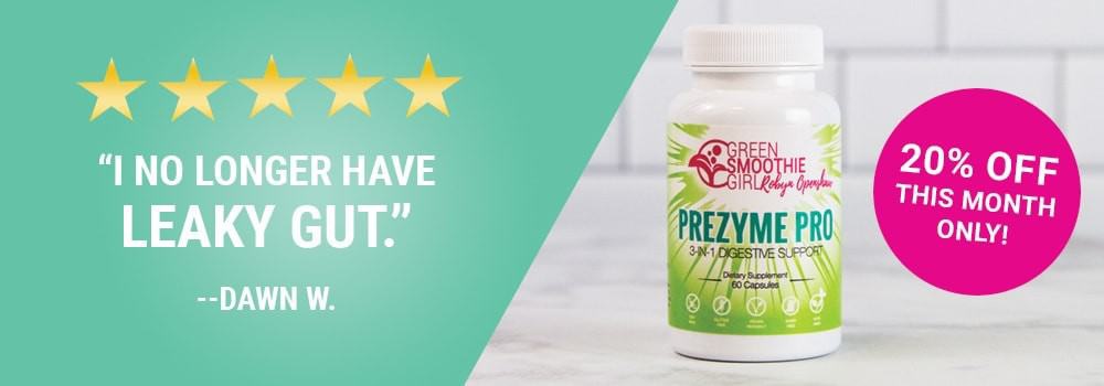 Photo of GSG prezyme pro bottle and monthly deal with customer review about leaky gut eliminated by using product