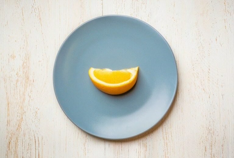 Photo of a top-view plate with a single slice of orange on it from "The Truth About The OMAD (One Meal a Day) Diet" by Green Smoothie Girl