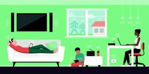 Graphic of multi-racial family using electronic devices with EMF waves emitting from them from "Is EMF Making You Sick?" blog post by Green Smoothie Girl