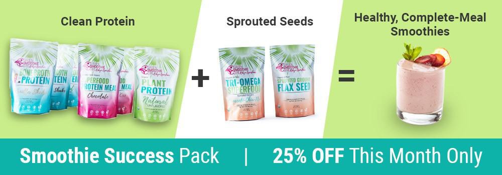 Clean protein + sprouted seeds = healthy complete meal smoothies. Smoothie success pack, 25% off this month only