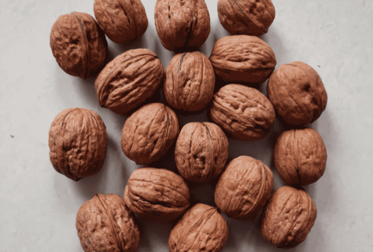 Several walnuts on a gray background