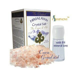 Box of Himalayan Crystal salt next to a small pile of the pink salt