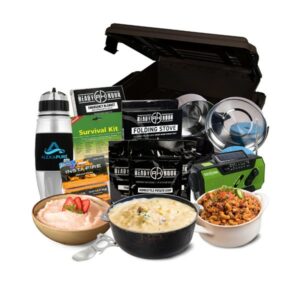 Patriot supply products including water bottle, radio, survival kit, ready made foods, emergency blanket