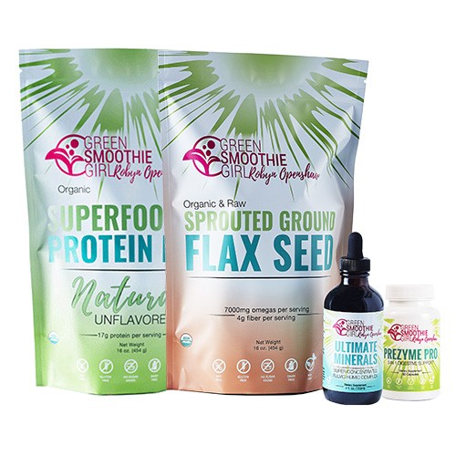 GSG Natural Superfood protein meal, Sprouted ground flax seed, Ultimate minerals, and Prezyme Pro