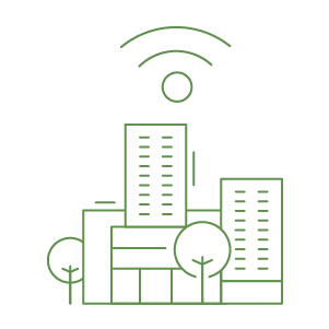 illustration of a city with wifi symbol above signaling EMF coming from the buildings