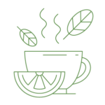 illustration of a teacup of lemon detox tea with leaves floating above and a lemon sitting in front of the cup