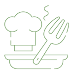 illustration of a plate, fork and a chefs hat