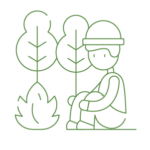 illustration of a person sitting on the ground next to a bush and two trees