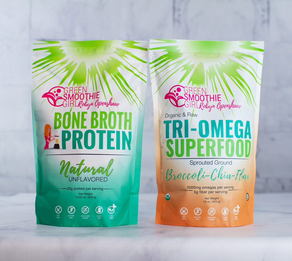 a bag of Greensmoothiegirl Bone Broth protein natural sitting next to a bag of Greensmoothiegirl tri omega superfood