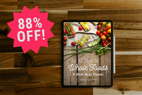 An ipad showing the 12 steps menu planner on screen with a 88% OFF sticker