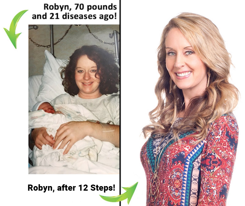 a "before" image of Robyn in the hospital after giving birth side by size with an "after" picture of Robyn now heathy.