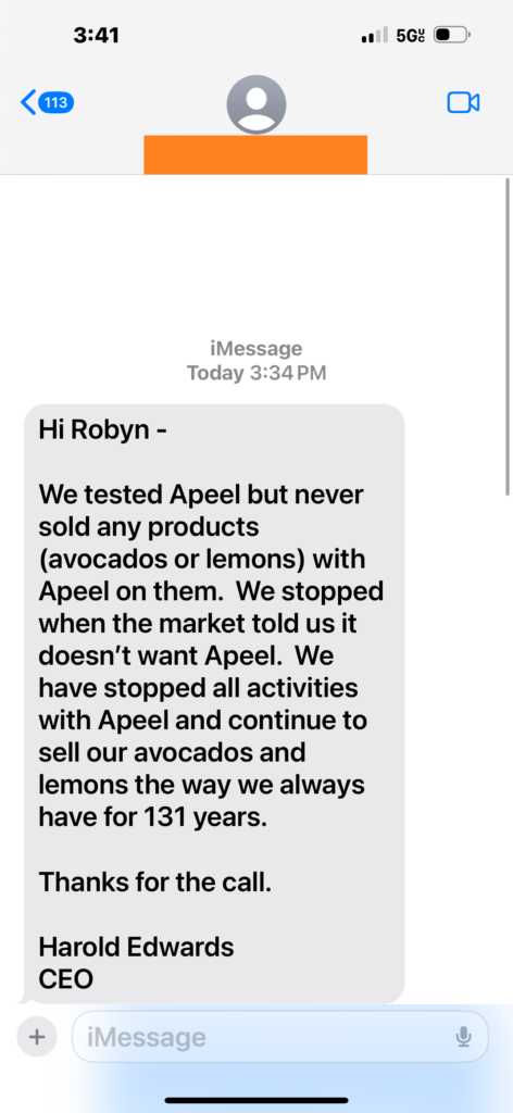 Apeel Limoneira CEO text 