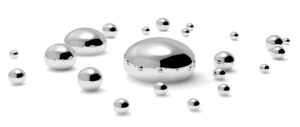 Many shiny mercury (Hg) metal drops and droplets of toxic mercury chemical element metal liquid isolated on white background closeup view 3d illustration